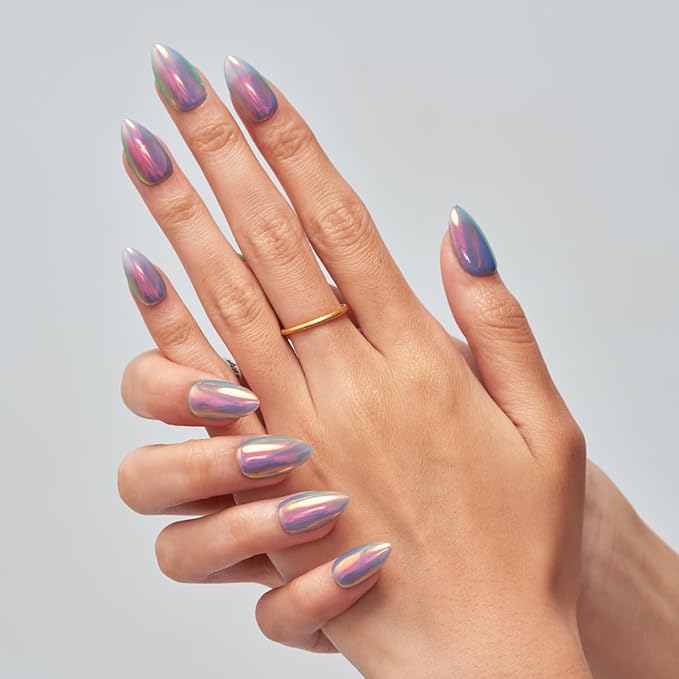 GLAMERMAID Blue Chrome Mermaid Press On Nails Short Almond, Mirror Powder Handmade Soft Jelly Gel Fake Nails, Glazed Donut Round Oval Stick Glue on Nails Kit for Women, Reusable Acrylic False Nail Set