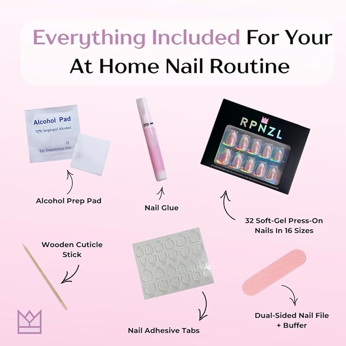 French Tip Press on Nails – French Toast | Medium Almond Shape with Glossy Glazed Finish | Salon Quality Fake Nails, 32 Nails(16 Sizes) Kit with Glue & Adhesive Tabs