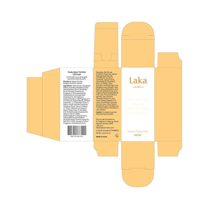 Laka Fruity Glam Lip Tint Mini, 1.9g/0.07oz, Glowing Lip Stain with Wide Color Spectrum, Hydrating & Lightweight Texture, Long-Lasting Bold Stain, Non-Sticky, Vegan, K-Beauty (#109 Fresh)