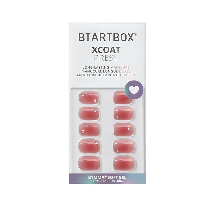 BTArtbox Press On Nails Short - Lamp-Curable Rhinestone Blush Red Square Press On Nails with Glue for Women, Semi-Transparent Soft Gel Glue On Nails in 15 Sizes - 30 Stick On Nails Kit, Cyber Crimson