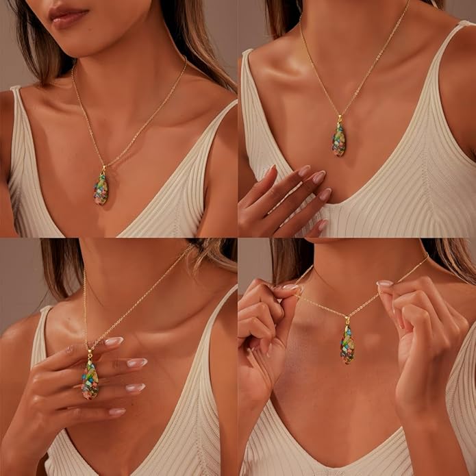 Sriomu Natural Healing Stone Chain Necklaces for Women Teardrop Gemstone Pendant Statement Gold Necklace