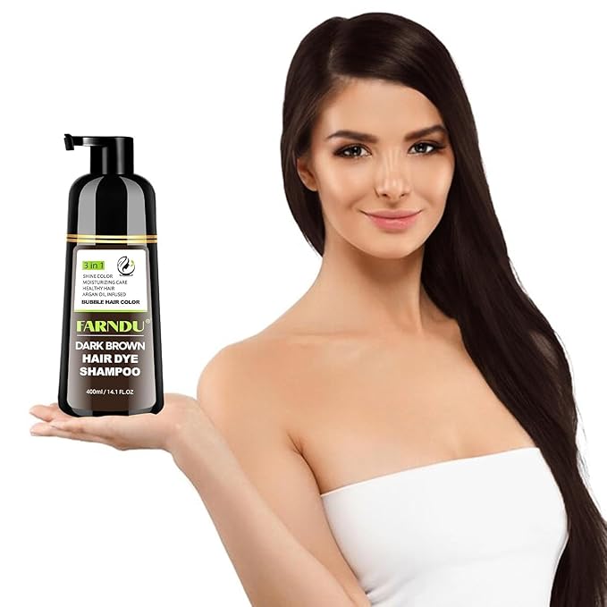 Farndu Dark Brown Hair Dye Shampoo, 3 in 1 Instant Hair Color with 15 Min Gray Coverage, Natural Semi-Permanent Herbal Shampoo for Men & Women