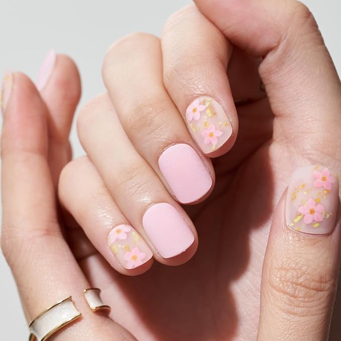 GLAMERMAID Light Pink Extra Short Press on Nails, Spring Summer Floral Fake Nails Short Squoval with Sakura Design, Matte Square Glue on Nails, Acrylic False Nails, Glossy Round Fake Nails for Women