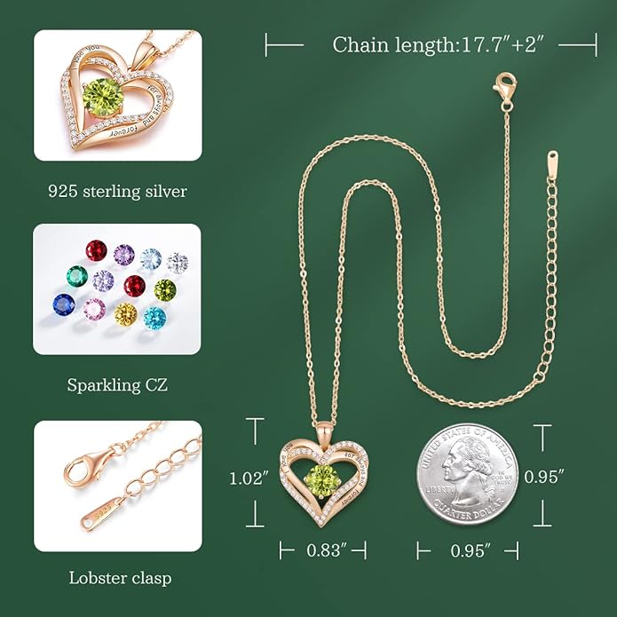 CDE Forever Love Heart Necklaces for Women, Wedding Anniversary, Birthday Mothers Day Christmas Day Gifts for Mom, Mother, Wife, friend, S925 Silver Jewelry with Birthstone Pendant