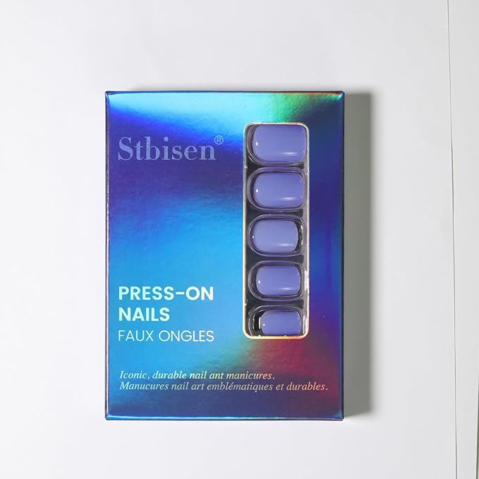 evpct Blue Glossy Press on Nails Short Square, Glossy Blue Fake Nails Summer Reusable, Acrylic False Nail Stick on Press ons for Women Gifts, Perfectly Fit Durable False Nail Kit with Kits 30Pcs