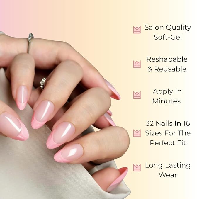 RPNZL Press On Nails - BubbleGum French | 3D Pink French Tip, UV Finish Almond Nails, Reusable | 32 Nails, 16 Sizes Kit with Glue and Adhesive Tabs I Female Founded