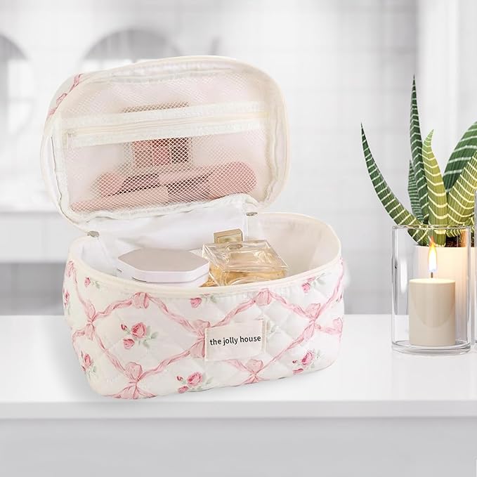 LAKSMI 3PCS Cotton Quilted Floral Makeup Bag Set for Women, Cute Make Up Bags with Brush Pockets, Large Wide-Open Toiletry Pouch Gifts for Toiletries Accessories Travelling Essentials