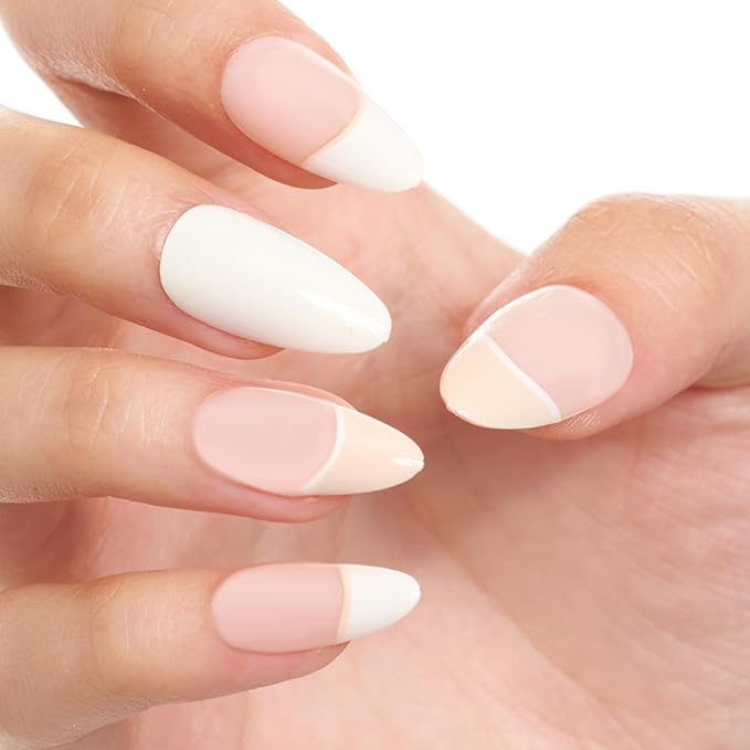 GLAMERMAID Creamy White Press on Nails Medium Almond, Nude Pink Beige Crush Jelly Gel False Nals, French Tip Stiletto Glue on Nails Kit for Women, Short Oval Stick on Acrylic Fake Nails Manicure Set