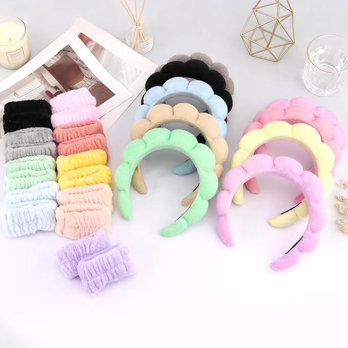 Aprince Spa Headbands and Wristbands Set Bulk 27Pcs, Terry Cloth Headbands for Washing Face, Skincare Makeup Headband for Women Girls, Puffy Padded Cloud Headband Soft Absorbent Wrist Towels