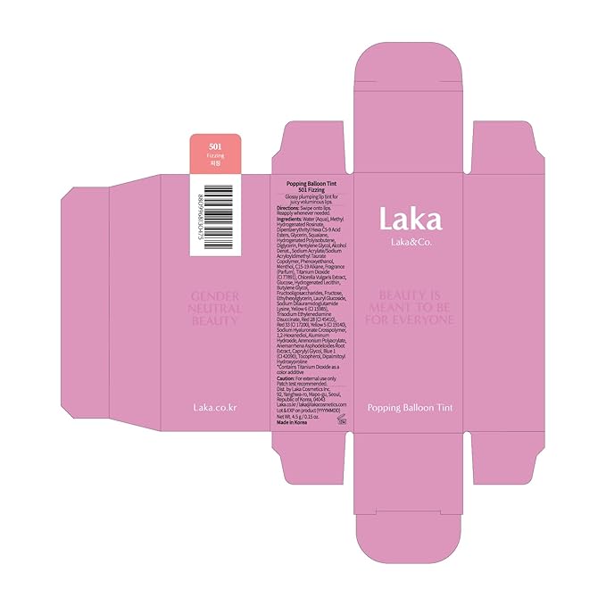 Laka Popping Balloon Lip Stain, 4.5g/0.15oz, Glossy Plumping Lip Tint, Moisturizing, Non-Sticky Texture for All-Day Hydration, Vegan, K-Beauty (#501 Fizzing)