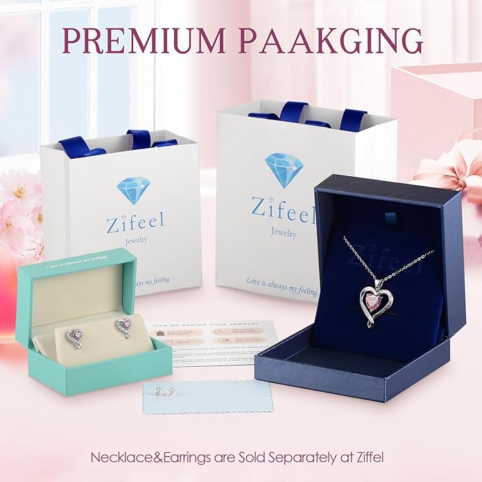 Zifeel Earrings for Women, S925 Sterling Silver Rose Gold Birthstone Heart Studs Earring for Girlfriend Wife, Anniversary Birthday Christmas Valentines Mothers Day Gifts Jewelry for Women Wife Her Mom