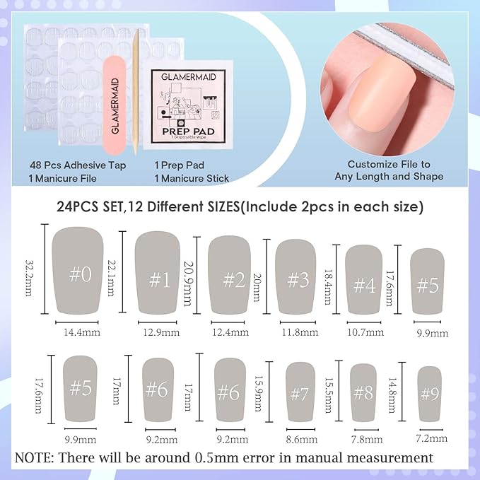 GLAMERMAID Blue Purple Pink Ombre Press on Nails Medium Square, Light Green Cloud Dull Polsih Gel False Nals with Design, Glue on Nails Kit for Women, Reusable Stick on Acrylic Fake Nails Manicure Set