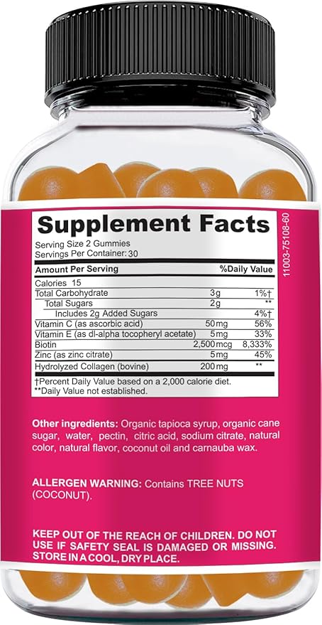 NUELATION 200mg Hydrolyzed Gummy Collagen for Women & Men. 2500mcg Biotin Gummies with 5mg Vitamin E, 50mg Vitamin C & 5mg Zinc. Gluten-Free, Non-GMO, Keto Friendly Adult Biotin and Collagen Vitamins