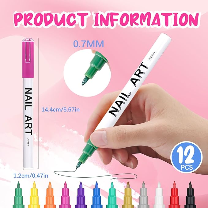 MKNZOME 12 Color Nail Art Pens for Painting Nails, 0.7 MM Nail Polish Pens Drawing Point Liner Acrylic Painted Pen Kit, Waterproof Quick-drying for DIY Nails Art Design Manicure Tools