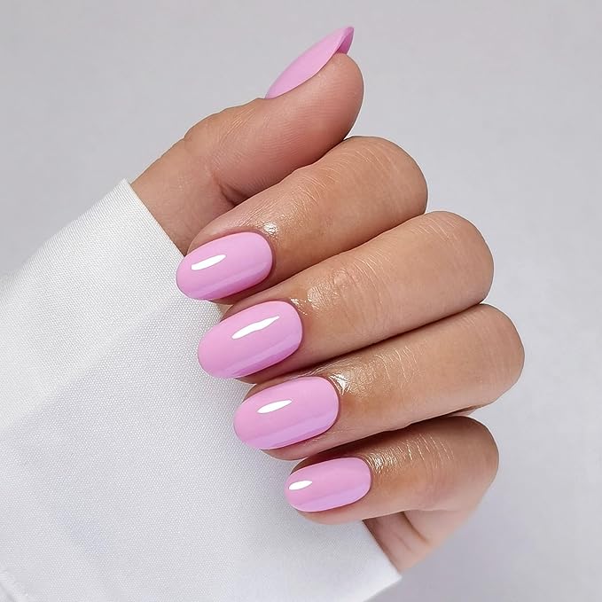 SHANGMENG Pink Press on Nails Oval for Women Gift - Soft Gel Valentines Press on Nails Short with Glue, Fit Perfectly & Natural Glue on Nails in 16 Sizes - 32 Reusable Fake Nails, Pink