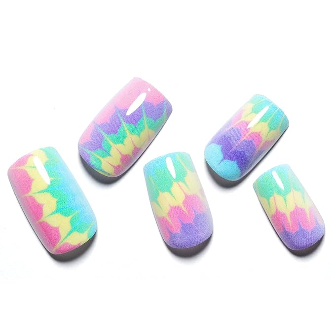 GLAMERMAID Tie Dye Press on Nails Medium Square, Colorful Ombre Light Green Pink Gel False Nals, Natural Light Color Glue on Nails Kit for Women, Reusable Stick on Acrylic Fake Nails Manicure Set