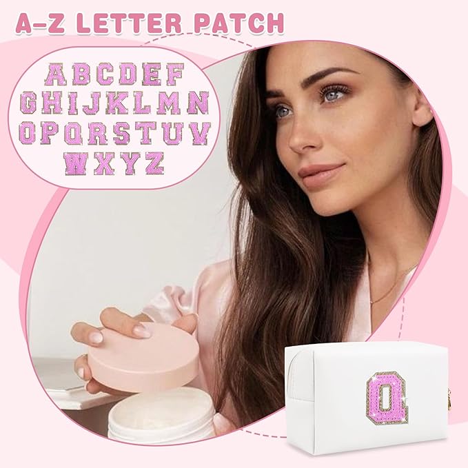 Small Initial Patch Makeup Bag Personalized Gifts Make Up Bag,White Cute PU Leather Glitter Letter Cosmetic Bag with Zipper,Trendy Portable Travel Toiletry Pouch,Preppy Stuff for Teen Girls Women Q