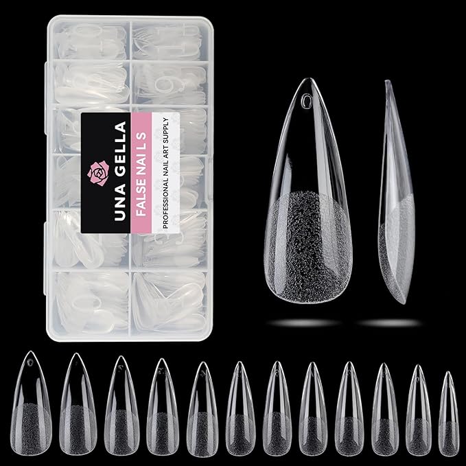 UNA GELLA Long Stiletto Gel Nail Tips Full Cover 504PCS Pre-shape Long Stiletto Almond Fake Clear Nails Tips No Need File Gel Tip No C Curve for Nail Extension DIY Art Salon 12 Sizes