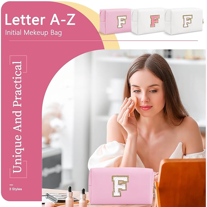 Personalized Initial A-Z Preppy Patch Makeup Bag,Small PU Chenille Letter Cosmetic Bag with Zipper for Teen Girls,Pink Cute Toiletry Organizer Bag,Monogram Makeup Case Gift for Women Girls,Letter F