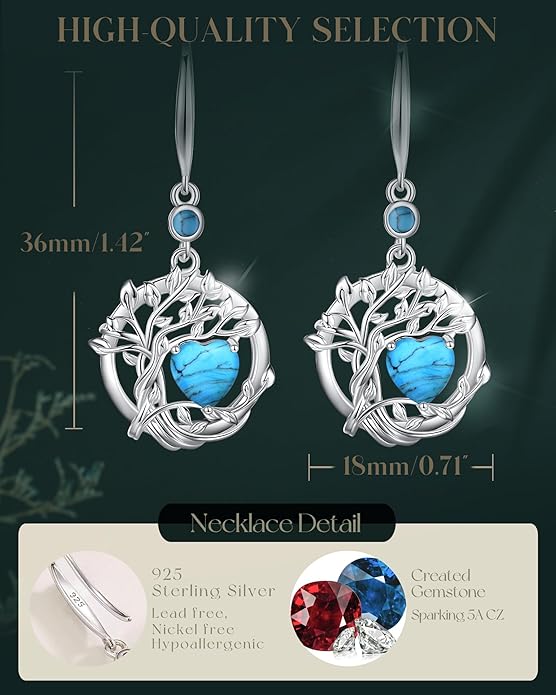 FANCIME Tree of Life Dangle Drop Earrings 925 Sterling Silver Dainty Round Gemstone Birthstone Earring Fine Jewelry Birthday Christmas Gifts for Her Women