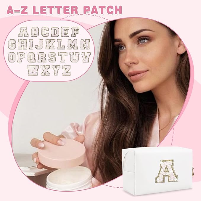 Small Initial Patch Makeup Bag Personalized Gifts Make Up Bag,White Cute PU Leather Glitter Letter Cosmetic Bag with Zipper,Trendy Portable Travel Toiletry Pouch,Preppy Stuff for Teen Girls Women A