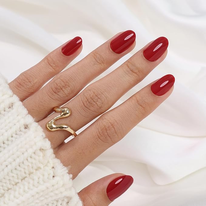 SHANGMENG Red Press on Nails Oval for Women Gift - Soft Gel Valentines Press on Nails Short with Glue, Fit Perfectly & Natural Glue on Nails in 16 Sizes - 32 Reusable Fake Nails, Cherry Red
