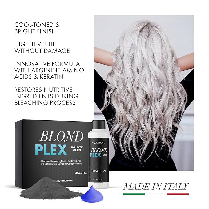 Hair Bar NYC Blond Plex 10X Lightener + 30 Volume Violet Developer Kit โ Dust-Free Charcoal Bleach Powder (50g / 1.76 oz) + Anti-Brass Developer (120 ml / 4.06 fl oz) โ Bond-Building Formula