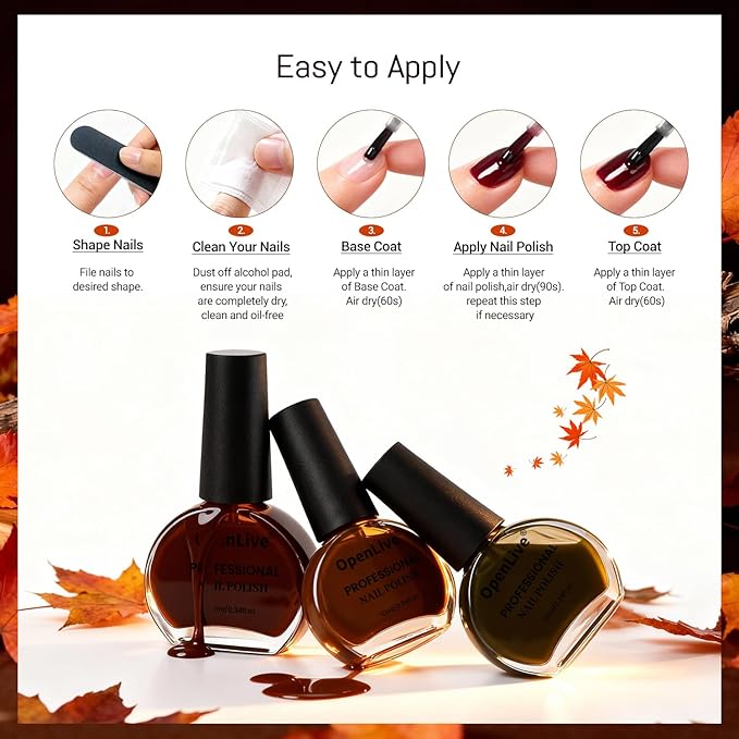 OpenLive 10ml Fall Jelly Nail Polish Set 6 Colors Gold Maple Leaf Pumpkin Yellow Burnt Orange Art Nail Polish Quick Dry for Women Girls Gift