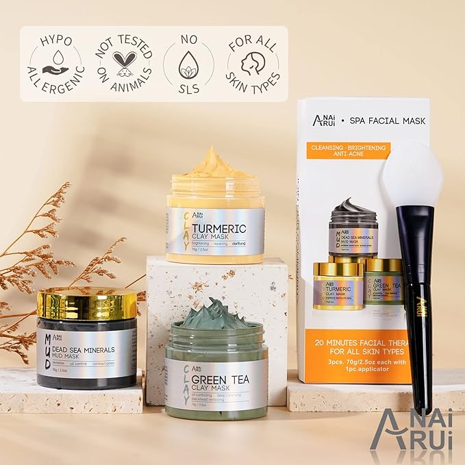 ANAI RUI 3 Pcs Face Mask Set - Turmeric Clay Mask - Green Tea Face Mask - Dead Sea Mud Mask for Oily Skin, Blackheads & Pores - Spa Gift Set Self Care Valentines Day Gifts for Women (2.5 oz Each)