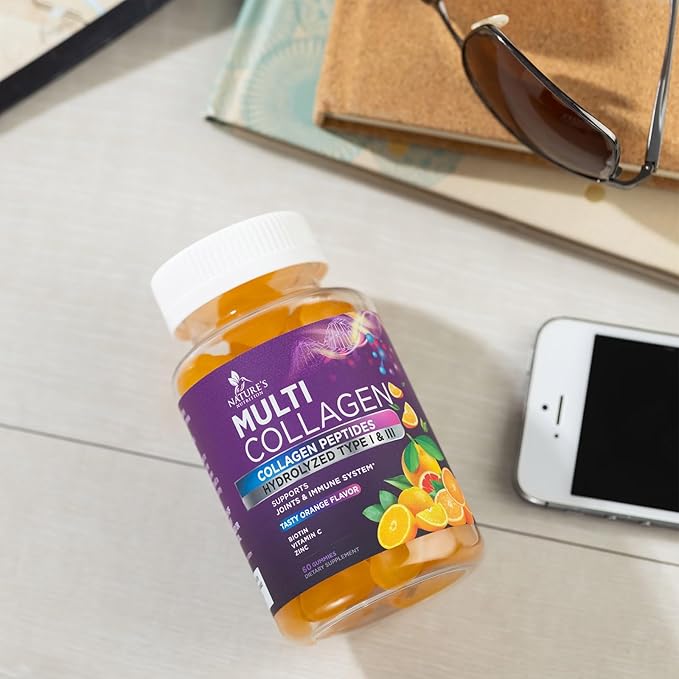 Collagen Gummies with 2500 mcg Biotin - Hydrolyzed Peptides Protein Type I & III Multi Collagen Supplement with Vitamin C & Zinc - Support for Hair, Skin, Nails, Tasty Orange Flavor - 60 Gummies