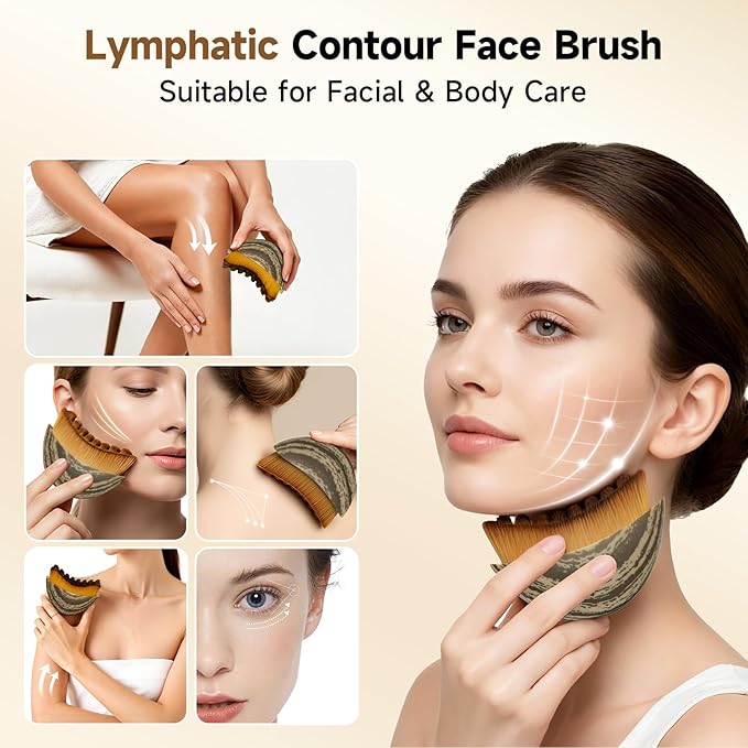Lymphatic Contour Face Brush - Dry Facial Brush and Lymphatic Drainage Massager with Ergonomic Design, Soft Skin-Friendly Bristles for Chin/Neck Contouring & Fatigue Relief