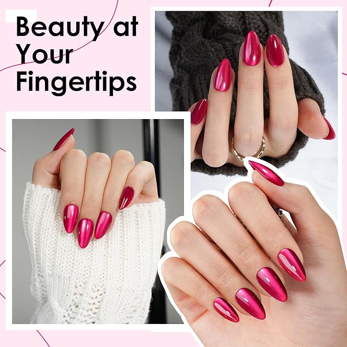 Canvalite Short Almond Press On Nails, 30Pcs Cat Eye Press on Nails Reusable Acrylic Fake Nails with Glue & Glue Remover Easy to Use Manicure Kit for Women, Rose Red