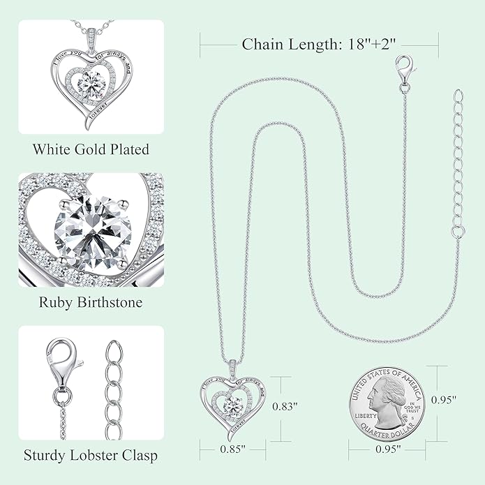 S925 Sterling Silver Necklace for Women, Valentines Day Gifts for Her, Love Heart Birthstone Necklaces for Women, Wife Jewelry, Mom Birthday Valentines Mothers Day Gifts, Girlfriend Necklaces, Daughter Heart Jewel, Anniversary for Her