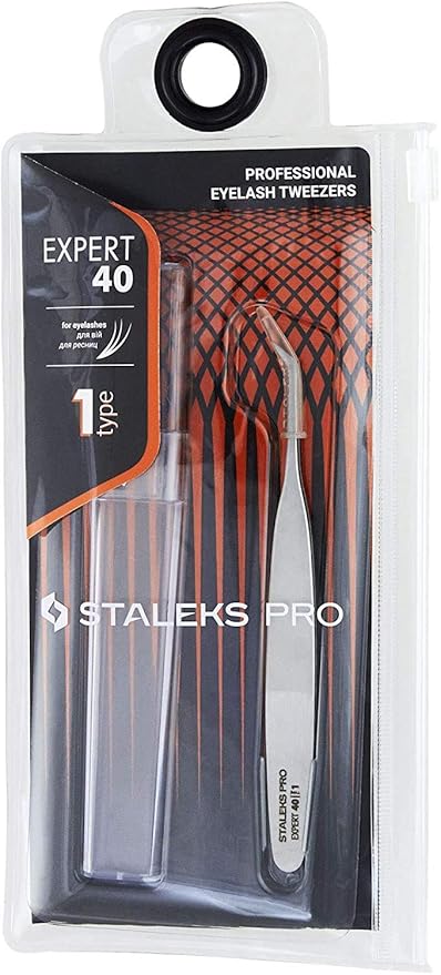 Staleks Pro Professional Eyelash Tweezers EXPERT 40 Type 1 – L-Shaped Tip – Stainless Steel – For Classic and Volume Extensions (50° Angle)
