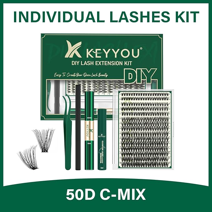 KEYYOU Lash Extension Kit DIY 300Pcs Lash Clusters Eyelash Extension Kit 50D C Curl 9-18MIX Lash Clusters Kit with Lash Glue Remover Applicator Easy to Use for Beginners(Kit,50D-C,9-18MIX)