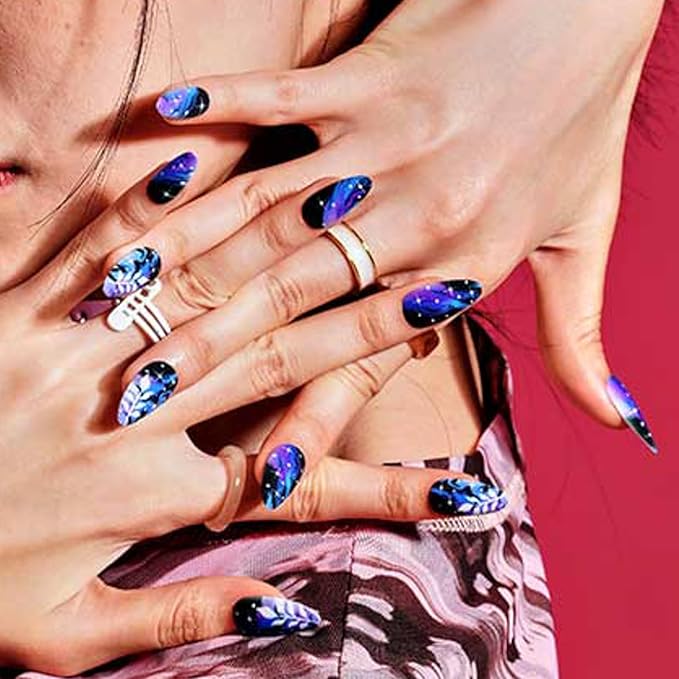 GLAMERMAID Ombre Press on Nails Medium Almond, Black Purple Gothic Fake Crush Nails, Stiletto Fake Nails, Short Oval Stick Glue on Nails Tips for Women, Reusable Acrylic False Nail Kits