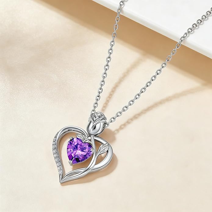 1.2CT Rose Heart Necklace Option of Moissanite or Lab-Grown Sapphire Ruby Emerald&More Necklace for Women Birthstone Girlfriend Necklace S925 Sterling Silver 18K White/Rose Gold Plated D Color VVS1 Gift for Wife Mother Daughter for Birthday Anniversary...