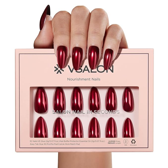 VSALON Press On Nails Almond, 32 Pcs 16 Sizes Red Press On Burgundy Chrome Metallic Medium Fake Nails With Glue & Cuticle Oil, Reusable Stick On Nails False Nails Kit Valentines Gift For Women