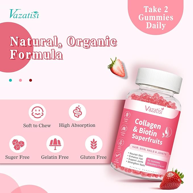 Vazatisi 2 Pack Sugar Free Collagen Gummies for Women Men, Multi Collagen Peptides Gummies Type I II III V X with Biotin Vitamin A B C D E for Hair Skin Nails, Strawberry Flavor, 120 Count