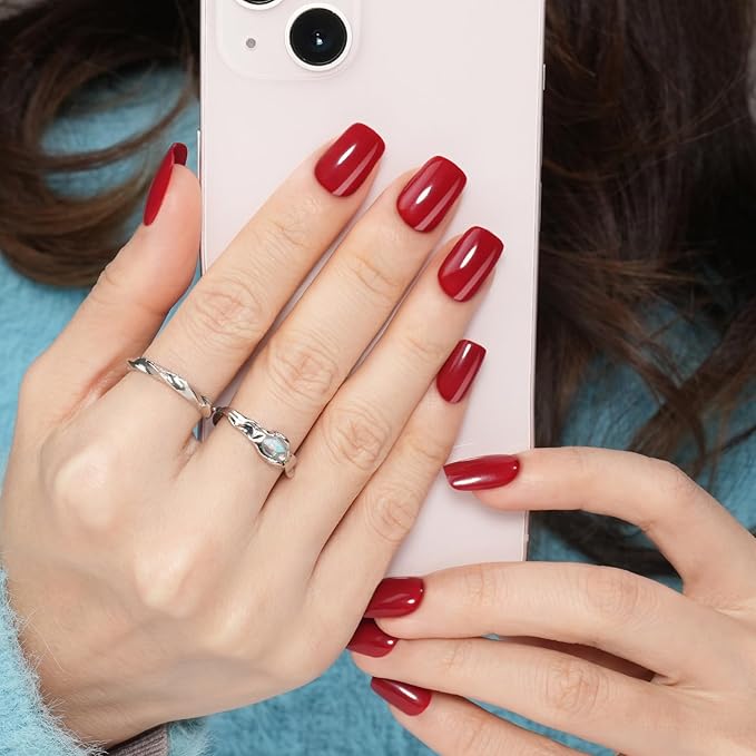 Wine Red Press on Nails Short, Jofay Fashion Glossy Red Valentines Fake Nails with Nail Glue, Square Glue on Nails, Natural Acrylic False Nails, Stick on Nails for Women Gift, Gel Nail Kit, 24pcs