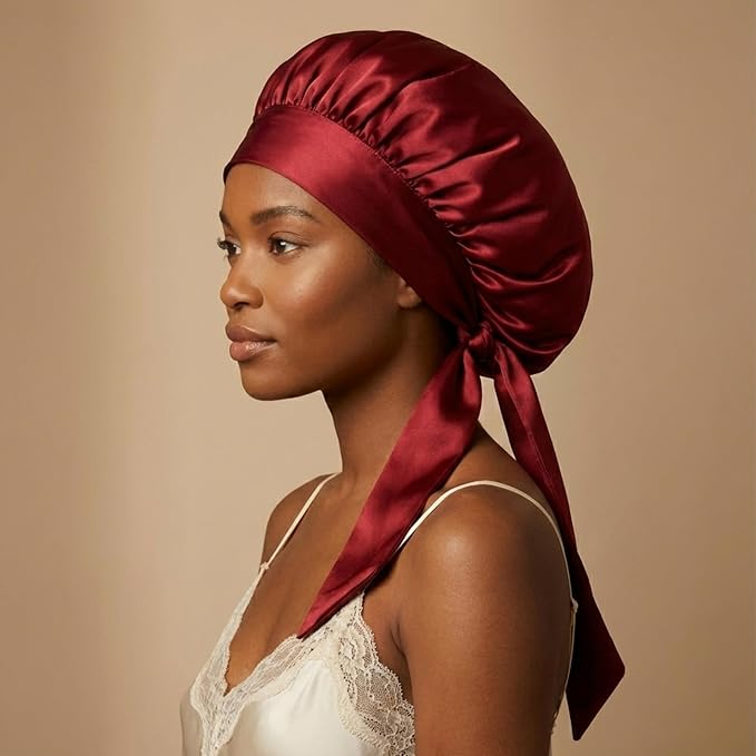 100% Mulberry Silk Hair Sleep Bonnet - Reversible Sleep Bonnet for Women, Wide Band Adjustable Tie, Night Cap for Curly Hair