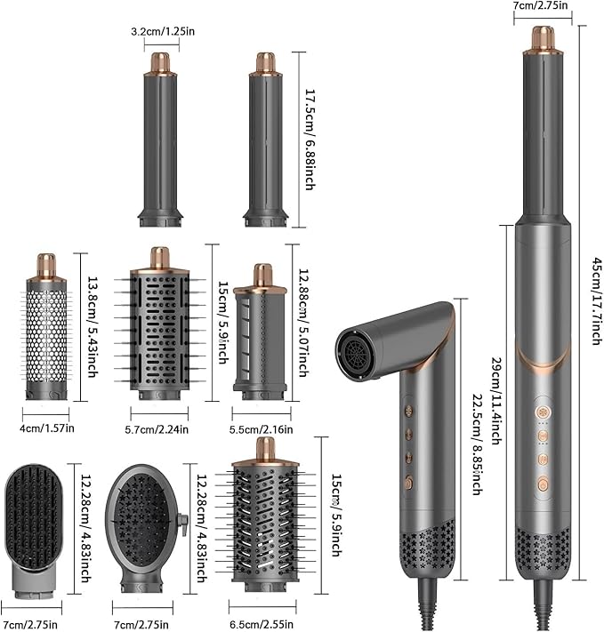8 in 1 Hair Styler Curler & Air Dryer Brush, 110,000 RPM High-Speed Negative Ionic Foldable Hair Dryer Fast Drying, Multi Professional Hot Air Styler for Curling Volumizing Straightening Styling(Gray)