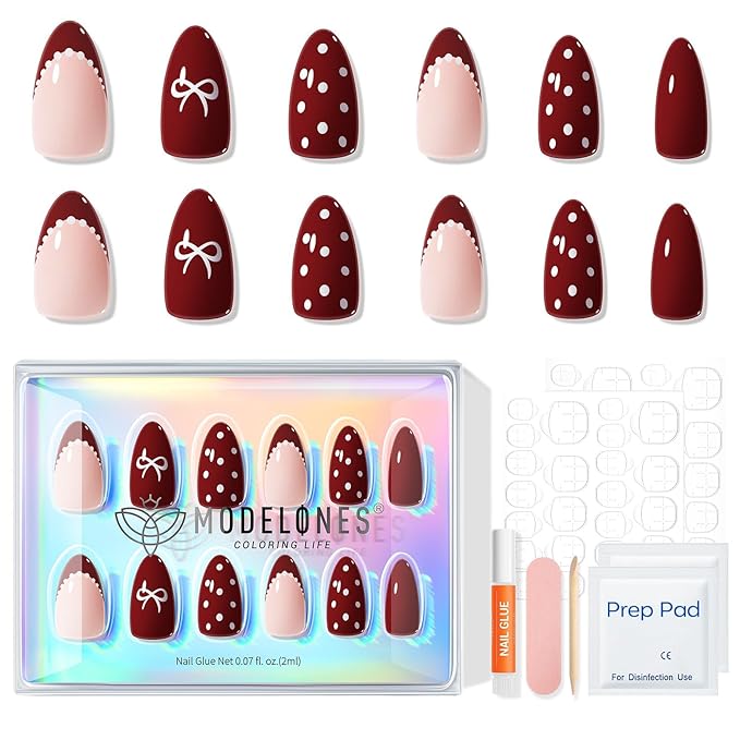 Modelones Red Press on Nails Almond, New Years Polka Dot Short Almond Fake Nails, Reusable Nail Kit with Nail Glue Adhesive Tabs Mini Nail File Nails Press Ons 32Pcs 16 Sizes, Women Girl Gift