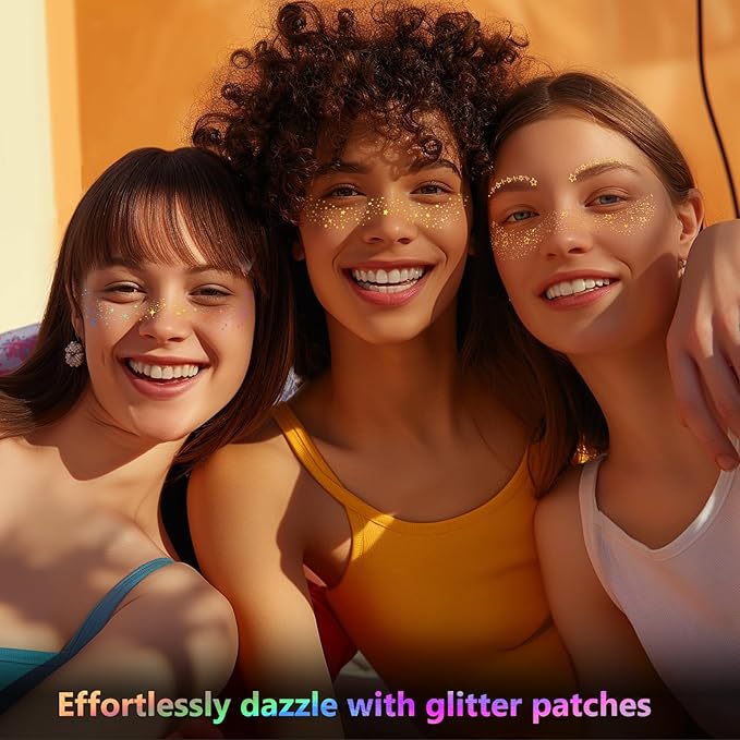 HyperFun 12Pcs Face Glitter Freckles, Face Glitter Fake Freckles Sticker, Gold Holographic Multichrome Waterproof Sparkle Freckles Makeup Patches for Women Rave Festival Accessories Concert Party Prom
