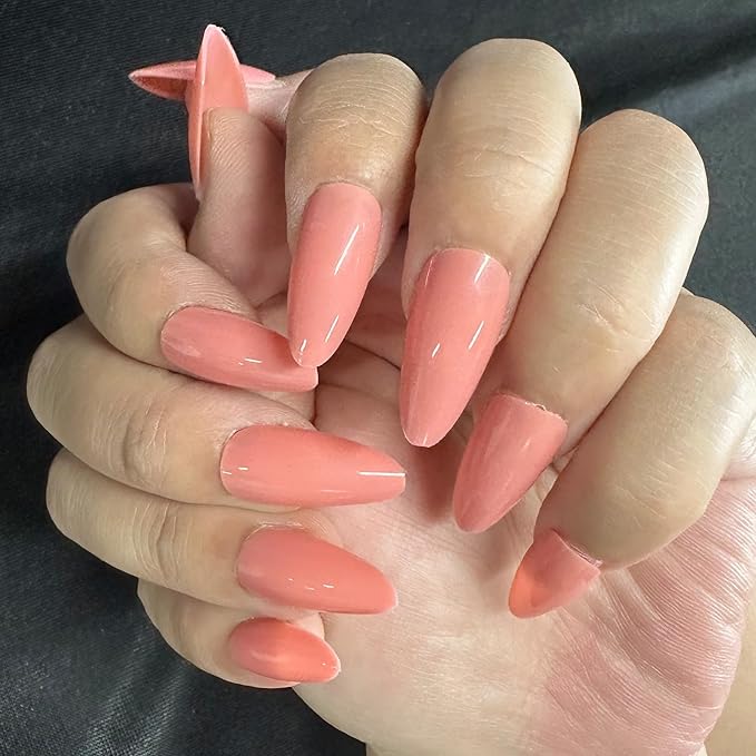 JONKASIPA Pink Pressed Gel Nails French Almond Shaped False Nails, Reusable Feminine Nail Art - Set of 24 Pcs Medium Nails