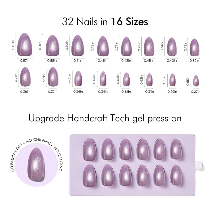 VSALON Press On Nails Short Almond, Purple Cat Eye Glitter Holographic Nails Kit, Reusable Opaque Soft Gel Glue Fake Nails with Glue & Cuticle Oil - 32 PCS in 16 Sizes Valentines Gift for Women