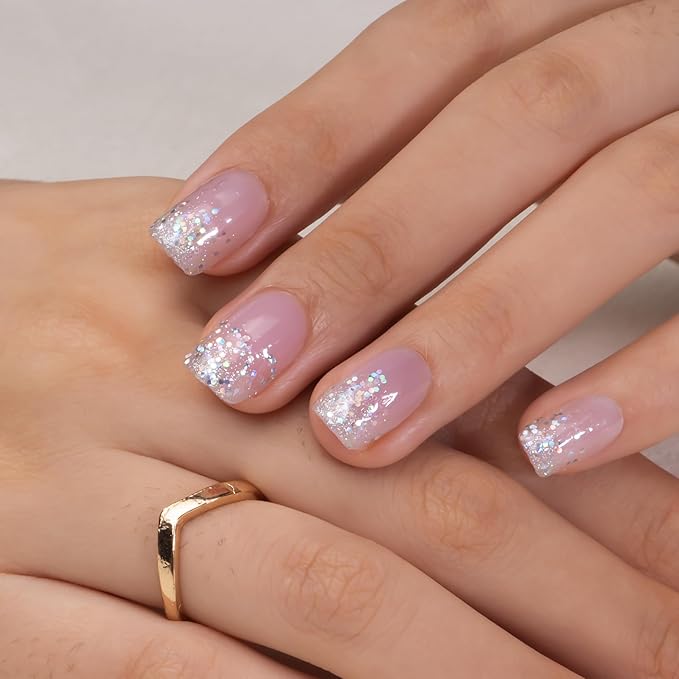 Curvlife Soft Gel Press on Nails, Short Square Shining French Nail Tips, 30pcs Full Cover Design Reusable Fake Nails Kit with Glue and Adhesive Tabs