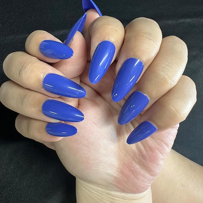 JONKASIPA Medium Almond Nails (Short) - Blue Pressed False Nails, Oval French Nails, Perfect Fit and Reusable Women's Nails, 12 Size Nail Set