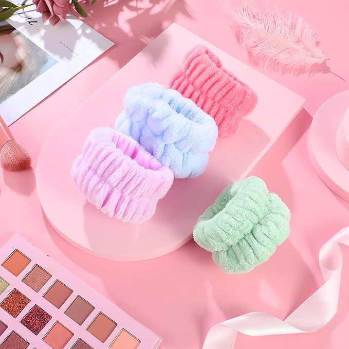 Chuangdi 4 Pairs Wrist Bands for Washing Face Wrist Spa Microfiber Wash Towel Band Scrunchies Absorbent Wristbands Sweatband for Women Prevent Liquid from Spilling(Pastel Colors)