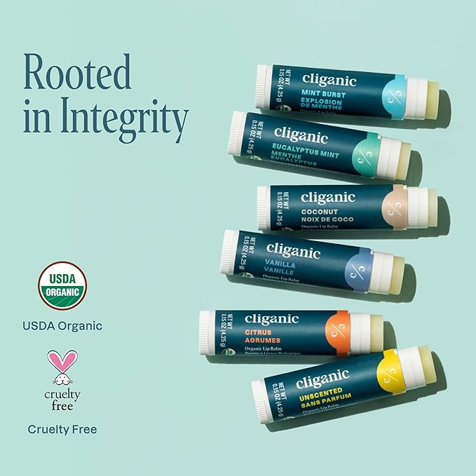 Cliganic Organic Lip Balm Set (2 Packs of 6 Tubes), 100% Natural Moisturizer for Cracked & Dry Lips